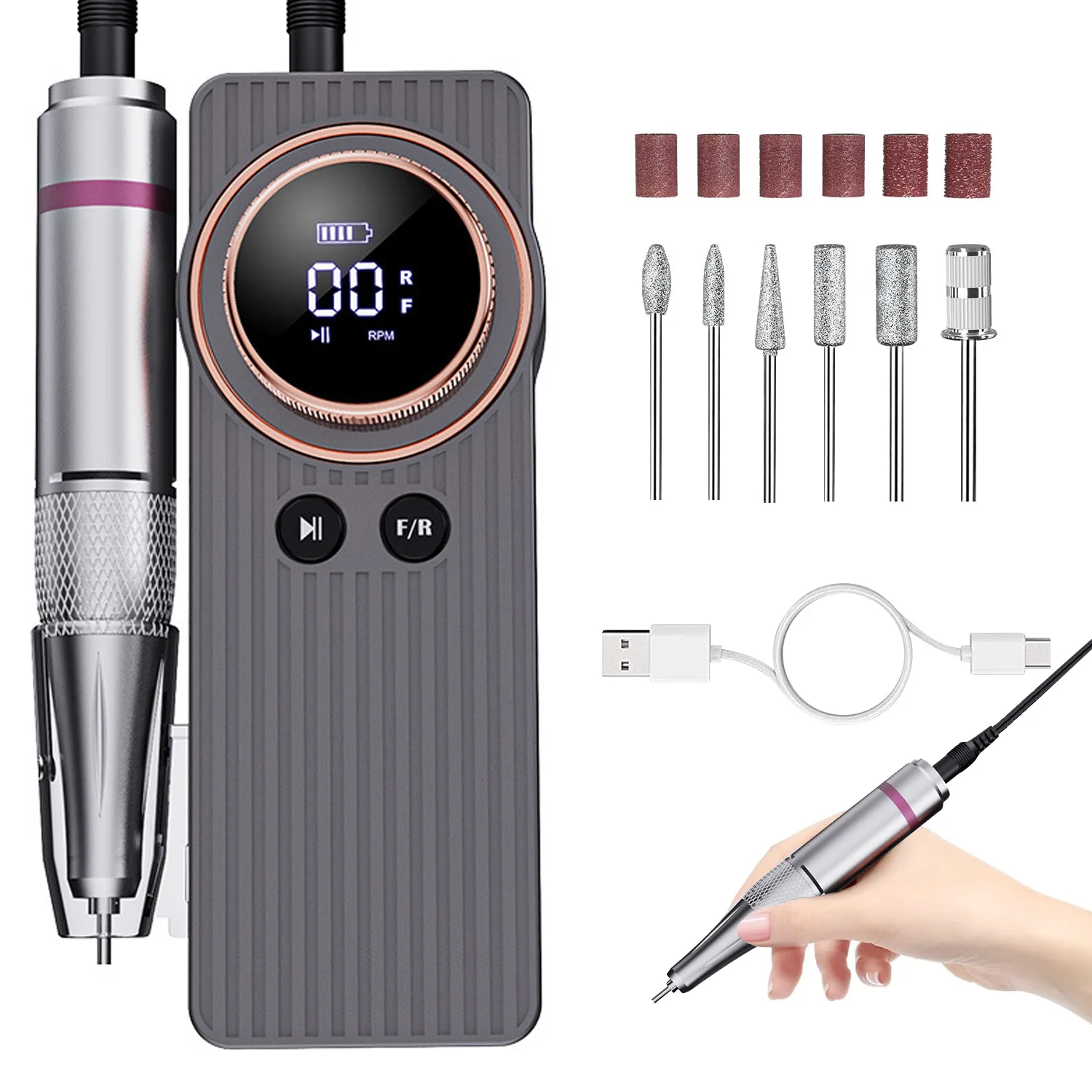 35000RPM Portable Rechargeable Nail Drill Machine Low Noise HDLCD Display Function Equipped With 6 Drill Bit Manicure Tools