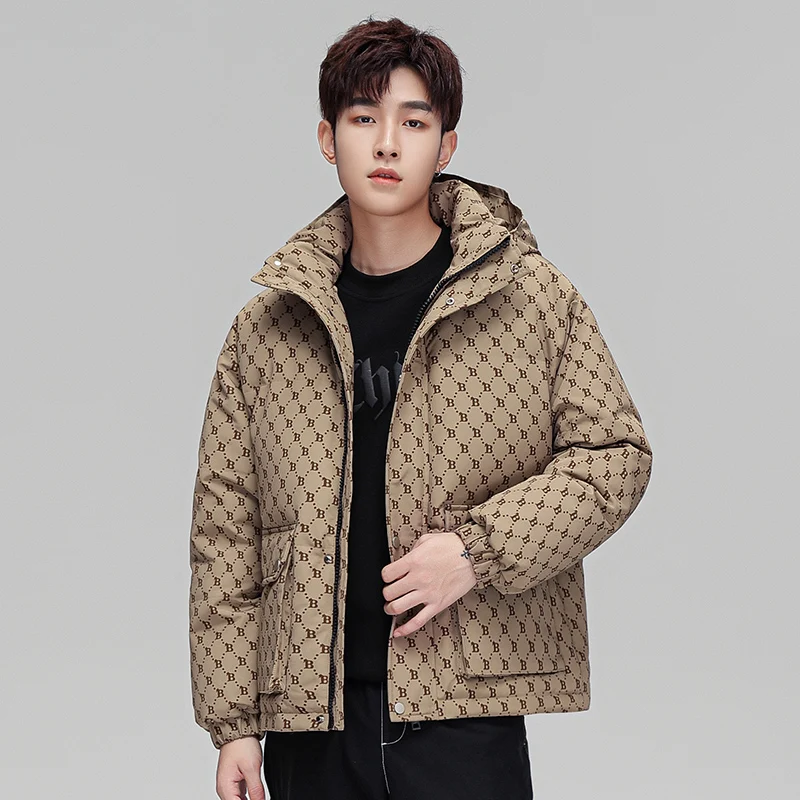 2024New Winter White Duck down Jacket Loose Hooded Casual Couple Workwear Fashion Brand Full Printed Hooded Jacket