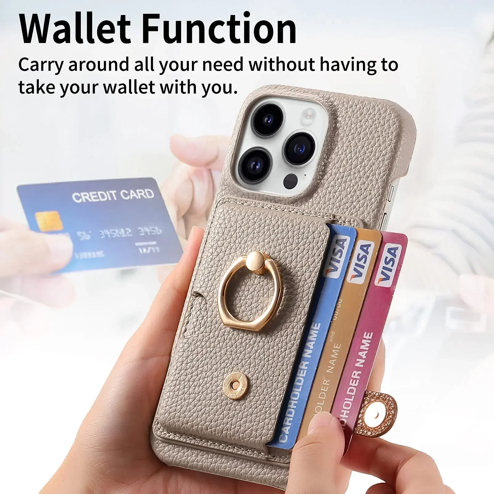 Leather Ring Support Phone Case for IPhone 17 Air 16E 16 15 14 13 12 11 Pro Max XS Plus Wallet with Card Holder Shockproof Cover