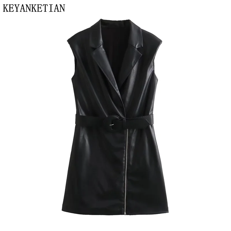 KEYANKETIAN Autumn New Women Imitation leather Sleeveless Dress Sashes Decoration Notched Collar Zip-up Asymmetrical Mini Skirt