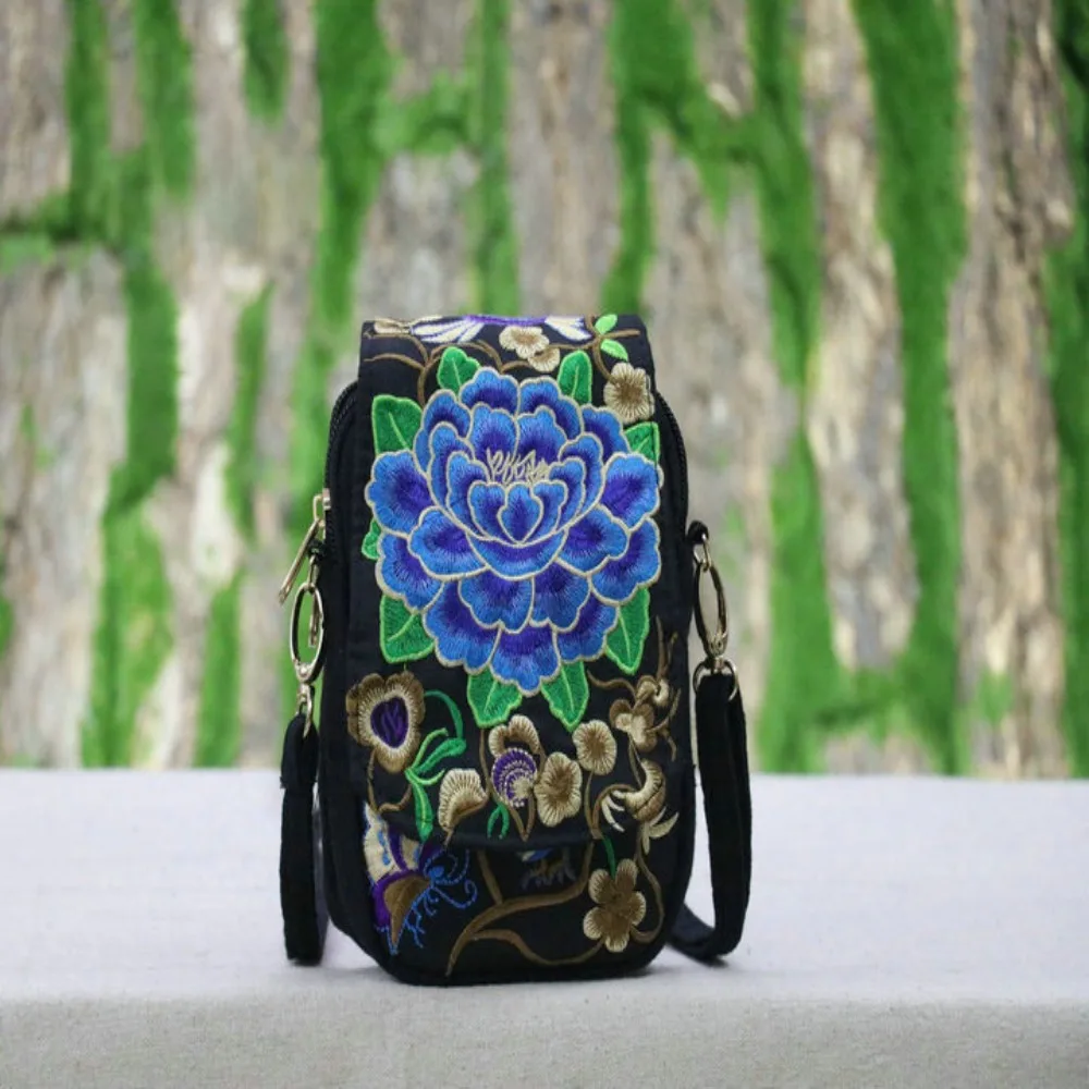 Embroidery Women Shoulder Bag Bilayer Canvas Vintage Floral Crossbody Bag Flip Cover Embroidered Mobile Phone Bag Women