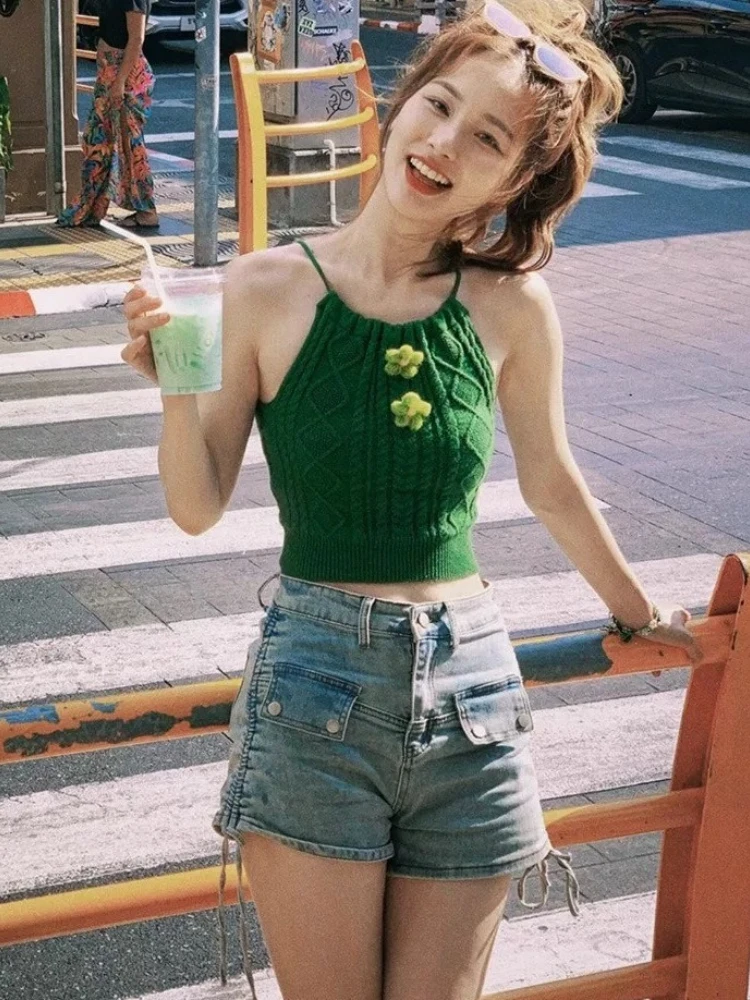 グリーン バックレス ホルターネック レディース サマー タンクトップ セクシー クロップド ノースリーブ Tシャツ ファッション カジュアル 2025 新作 日韓風 トップス