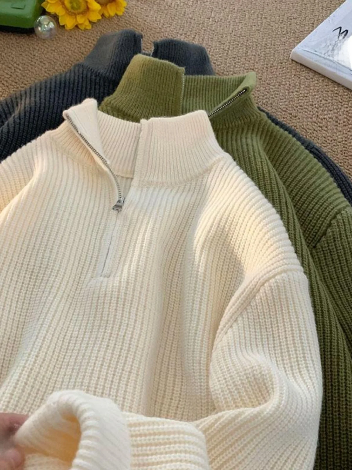 

Thiened f Zip High Collar Sweater Men's Autumn y Lazy Sle Top Match Couples Knitted irt Long Sve Winter Wear