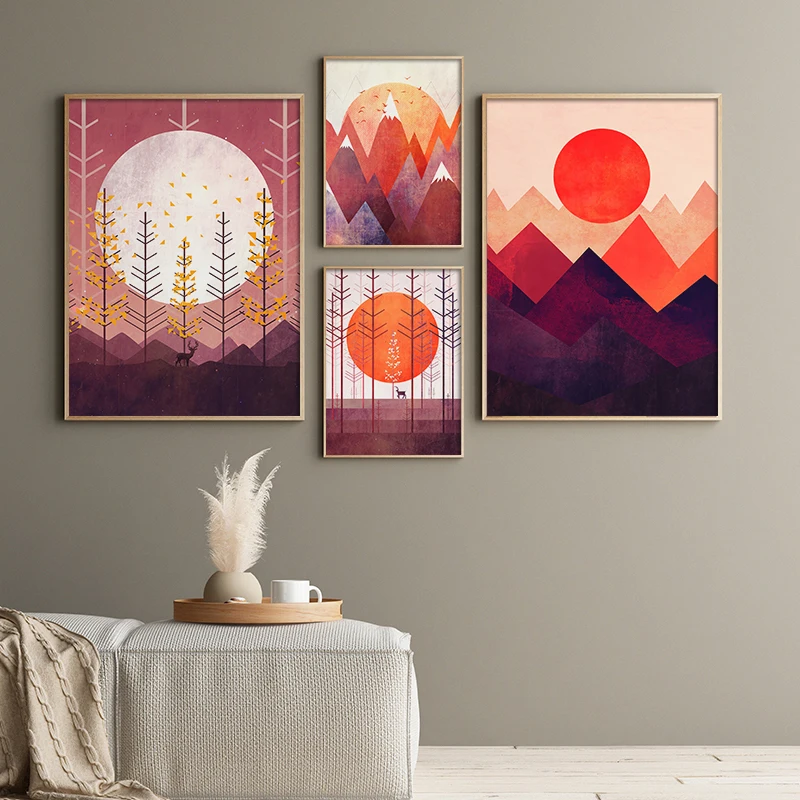 Japanese Abstract Mountain Poster and Print Pink Peak Canvas Painting Wall Art Pictures for Living Room Bedroom Home Decor