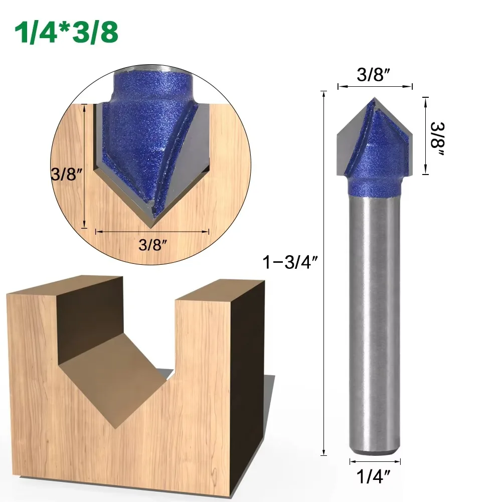 1PC 1/4 "6.35MM tige fraise 90 degrés V rainure Bit 1/4" 5/16 "3/8" 1/2 "solide routeur peu carbure fraise menuiserie
