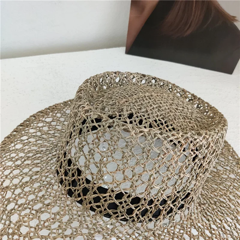 202506-SHI INS الصيف دروبشيبينغ العشب الملح الطبيعي مخرمة النسيج اللؤلؤ سلسلة سيدة فيدورا قبعة المرأة بنما الجاز قبعة #5