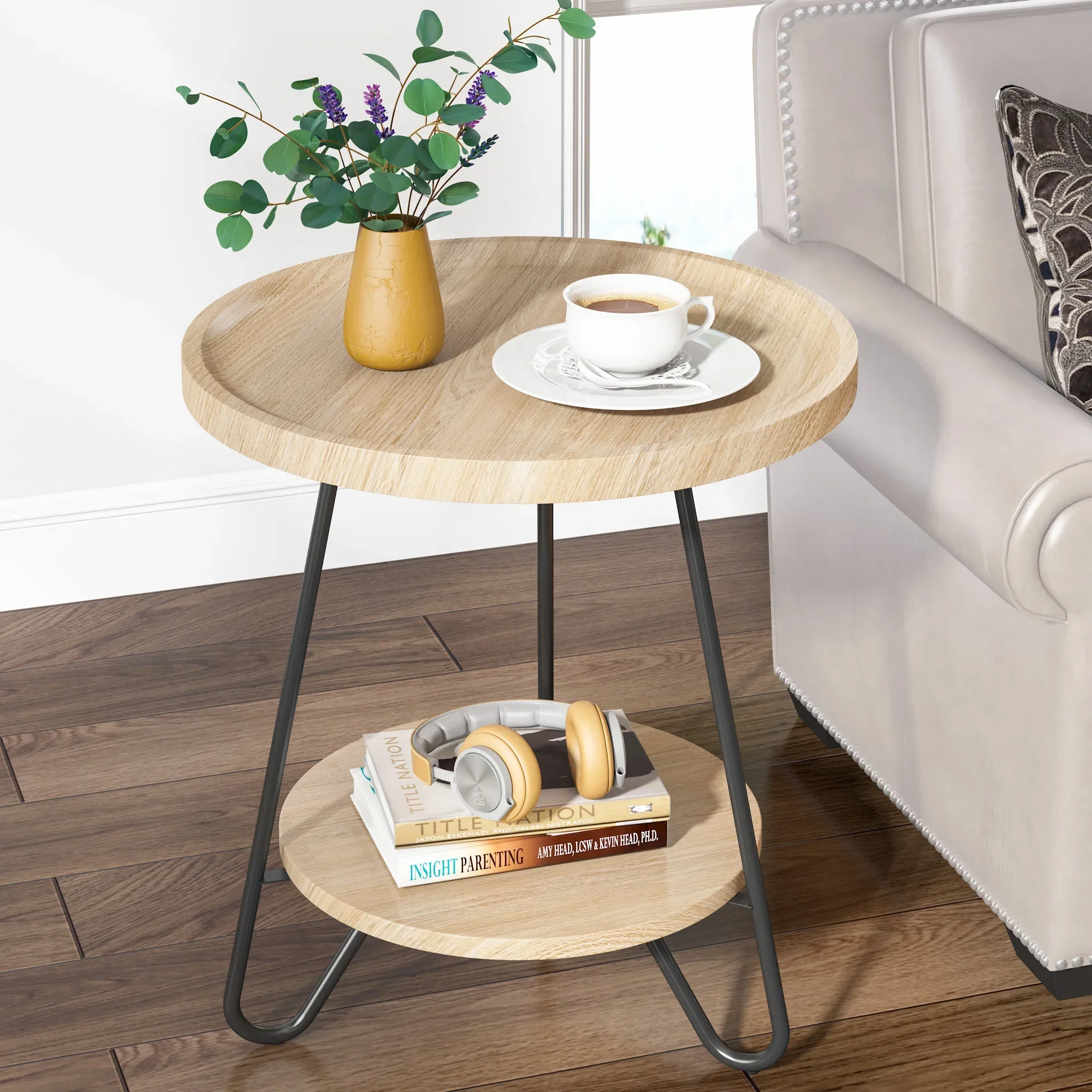 Tribesigns Round Side Table, 2-Tier End Table with Metal Legs, Modern Industrial Beside Table, Small Accent Table Snack Table