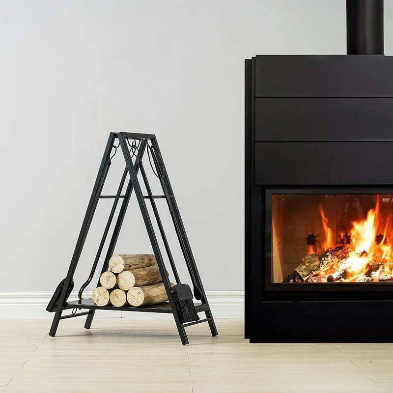 Nuevo estante para leña de hierro forjado, utensilios para chimenea, pinzas, estante para leña, juego de herramientas para chimenea de cinco piezas