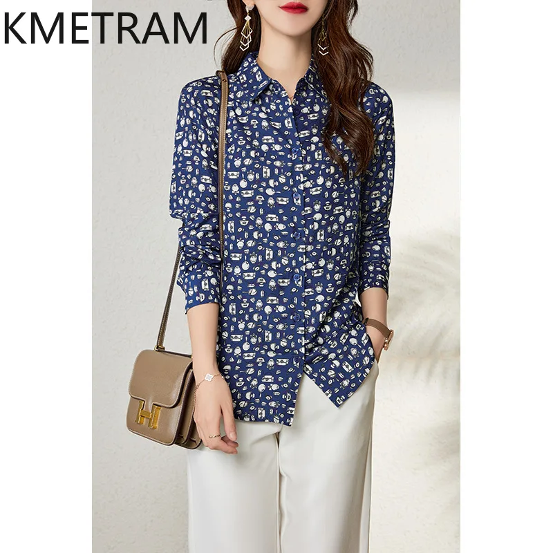 

KMETRAM Real Mulberry Silk Blouse Woman Fashion Print Tops Woman Clothing 2025 High Quality Shirts Long Sleeves Блузка Женская