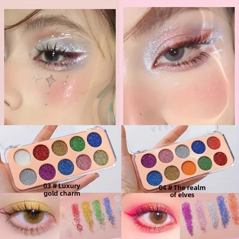 Paleta de sombra de ojos con purpurina de 10 colores, juego de maquillaje para actuación en escenario de larga duración, pigmento brillante metálico brillante