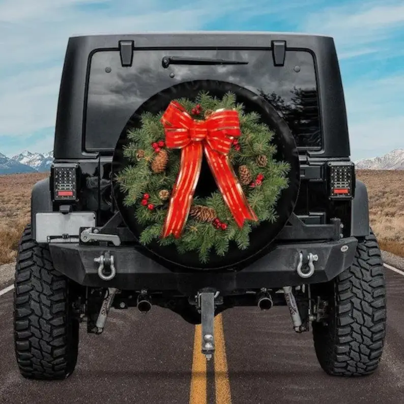 Christmas Wreath Spare Tire Cover, Backup Camera option, Xmas Tire Cover, Christmas Car Accessories for jeeps, Rear camera tire