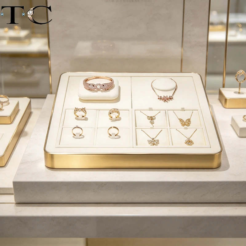 Beige Microfiber Jewelry Display Set Trays for Rings Earrings Necklaces Bracelets Diamond Display Props for Jewelry Store Window