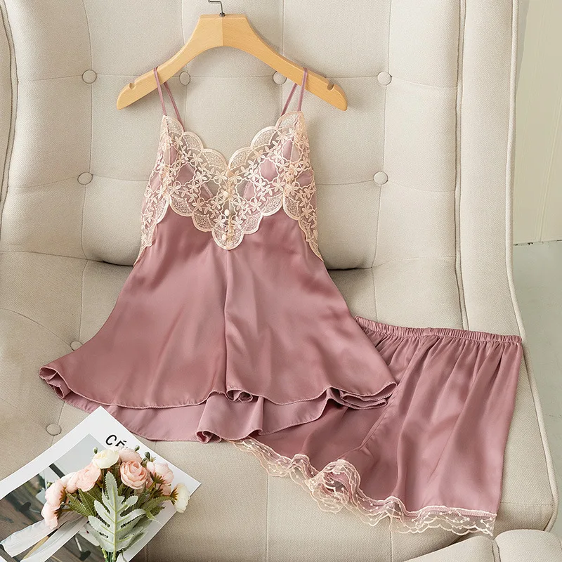 Backless Cross Pajamas For Women Sexy Ice Silk Beautiful Back Suspender Shorts With Chest Pads Sleepwear image 3