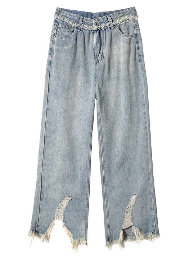 Slimming High Waist Wide Leg Jeans Women\'s Spring Autumn Nine Points Loose Fit Straight Cut Hole Ripped Frayed Ankle Length