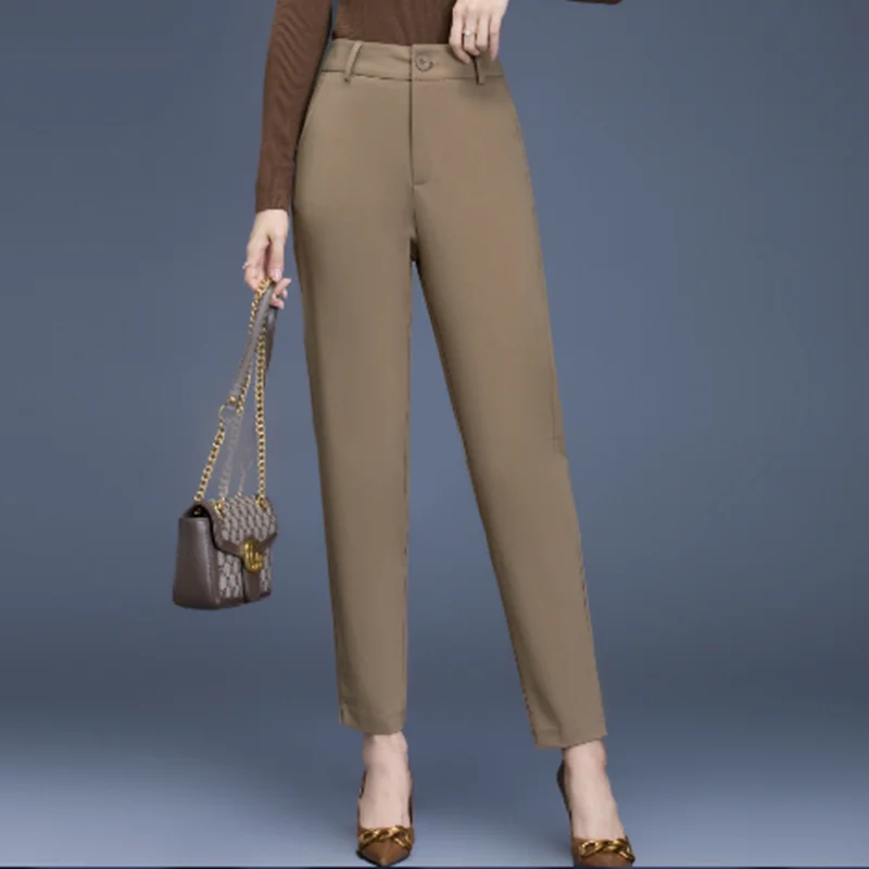 

Khaki Casual Work Pants For women Spring And Autumn Smoke Pipe Pants Slim Straight Trousers Large pants Coffee Stretch Fabric