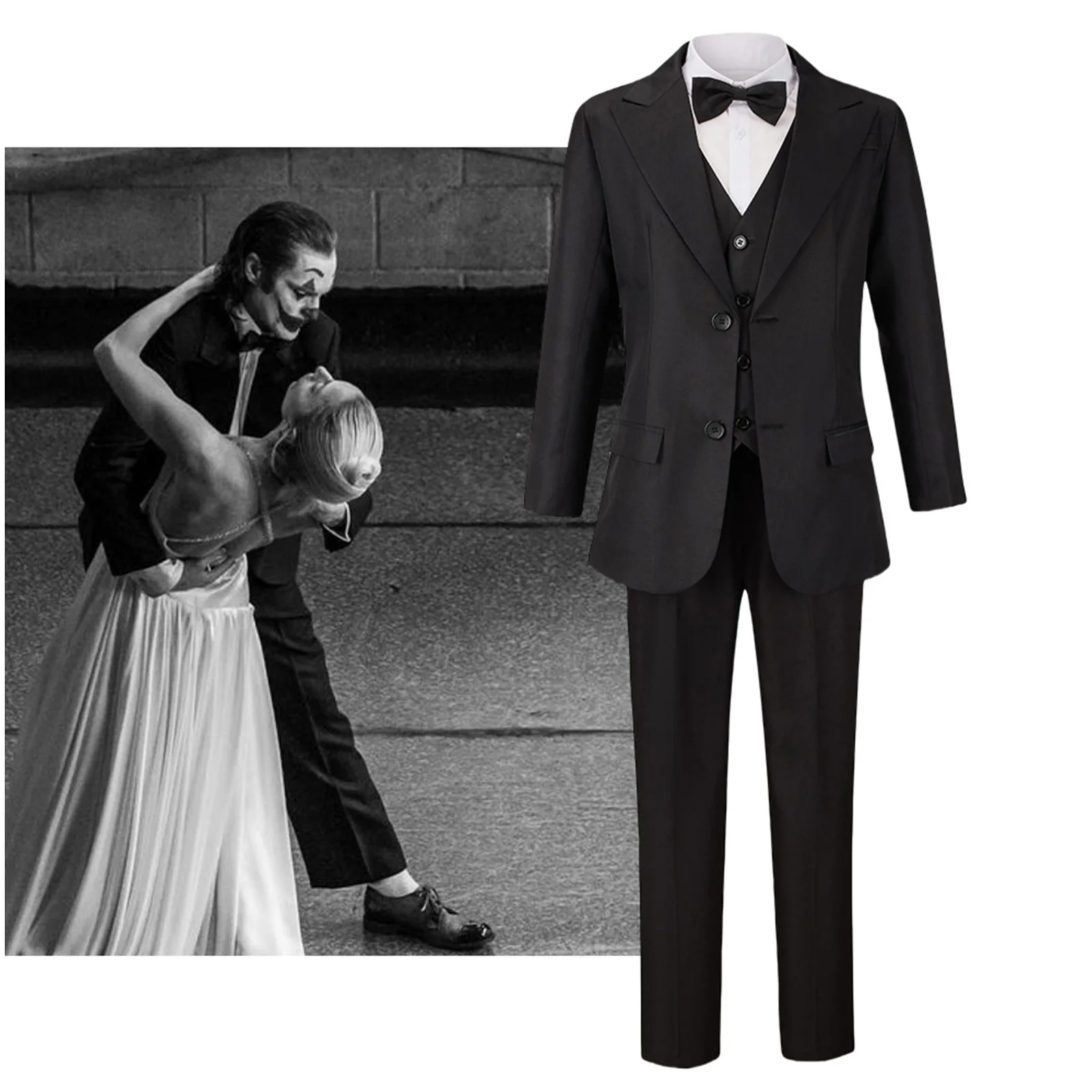 Jo-ker 2 Black Suit Cosplay Costume Pure Black Suit Halloween Men's prom Movie Pants Shirt Bow tTe Full Set Costume