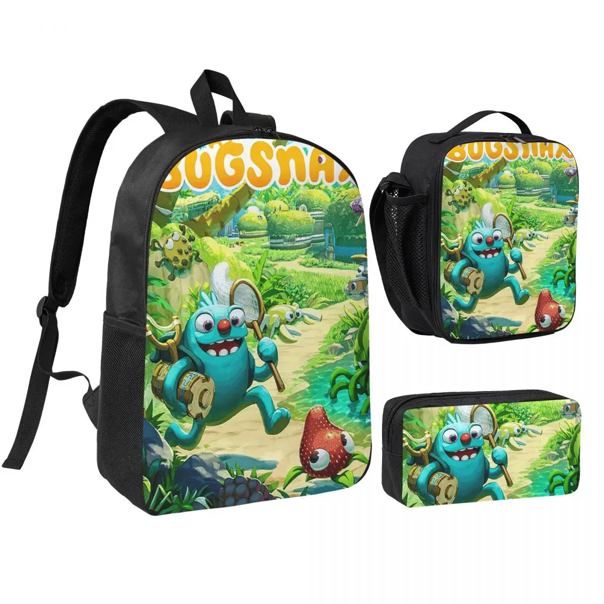 Bugsnax Game Poster Backpack Boys Girls BookBag School Bag Shoulder Bags 3ps Insulated Lunch Bag Pencil Case