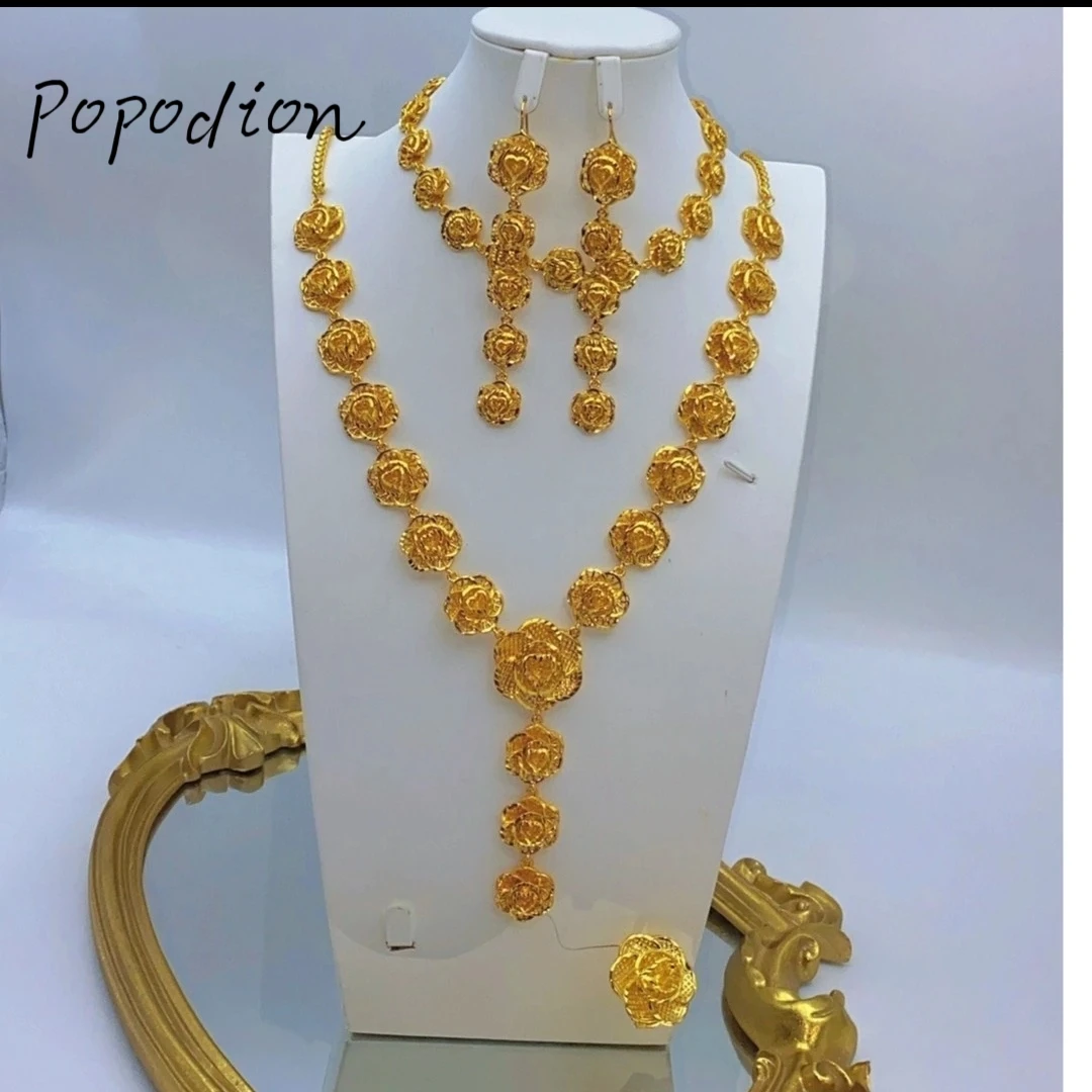 Imagem -03 - Popodion-dubai Conjunto de Jóias para Mulheres Banhado a Ouro 24k Colar de Flores Anel Brincos Moda Novo Yy10291