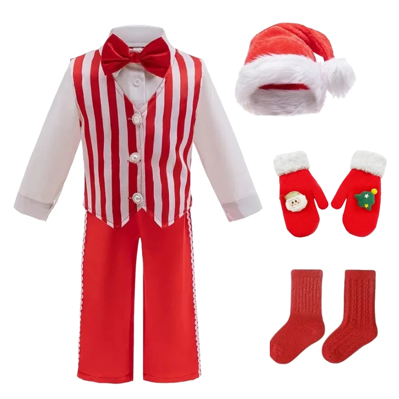 

Christmas Red and White Striped Suit Cosplay School Stage Performance Clothes Outfits Full Set Xmas Theme Party for Boys