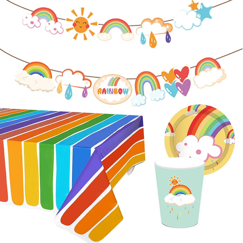 Birthday Rainbow Party Tablecloth Banner Plates Cups Napkins Straw Girl Unicon Party Supplies Summer Pool Parti Decorations