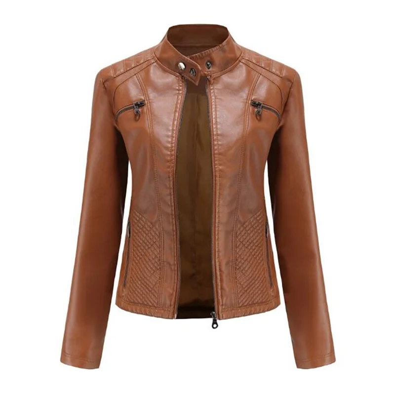 Women Moto Biker Zipper Jacket Autumn Spring Motorcycle Leather Jacket Ladies 2022 Black Red Coffee Apricot Chaqueta Cuero Mujer