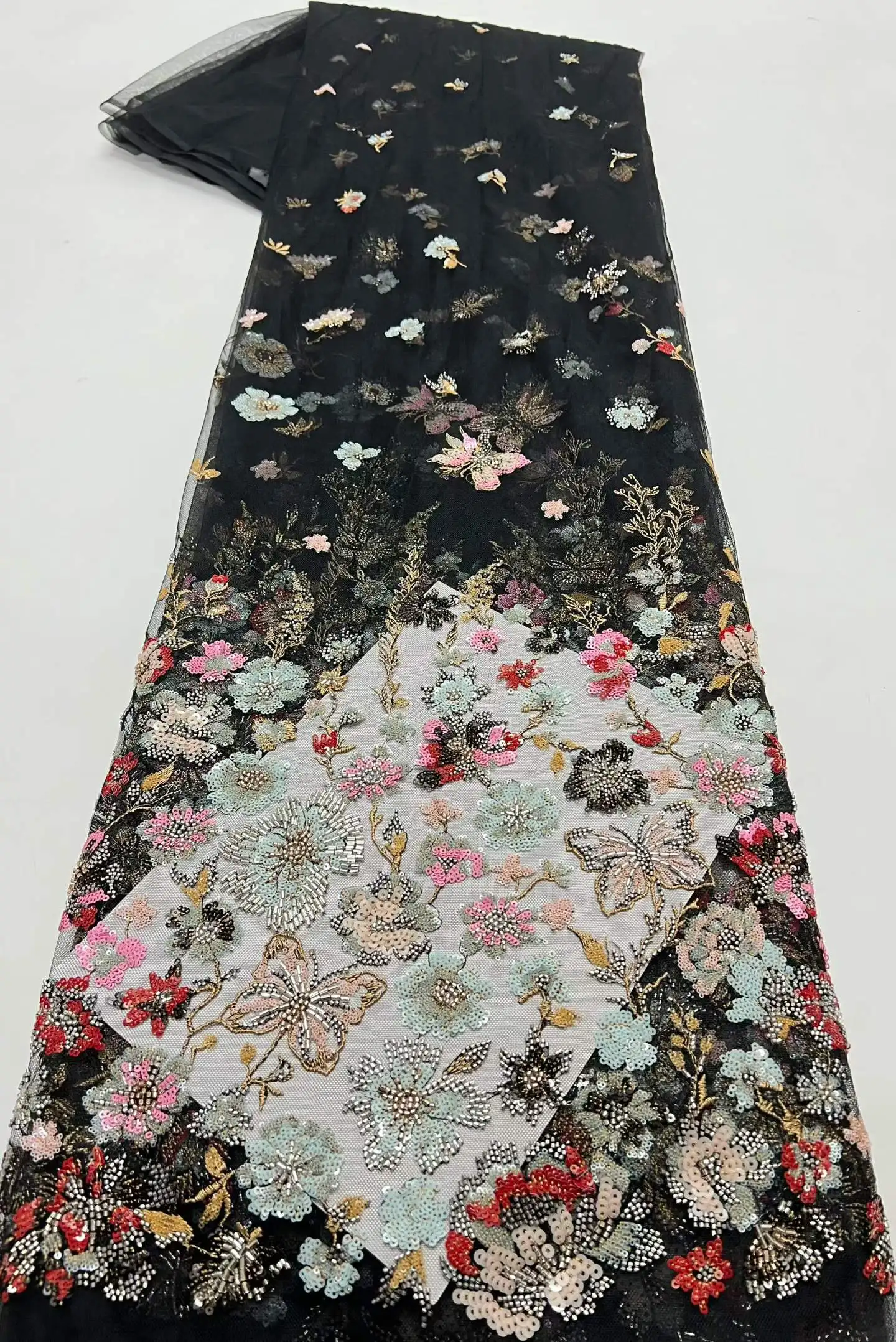 2026 Luxury Black Beaded Sequins Fabric Lace Pearl African High Quality Lace Fabric for Sewing Women's Dress 5 Yards