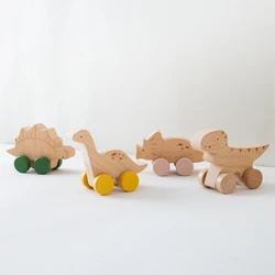 Baby Beech Wooden Block Cartoon Dinosaur Trolley Toys Kids Hand-eye Coordination Montessori Educational Toy Infant Teething Toys