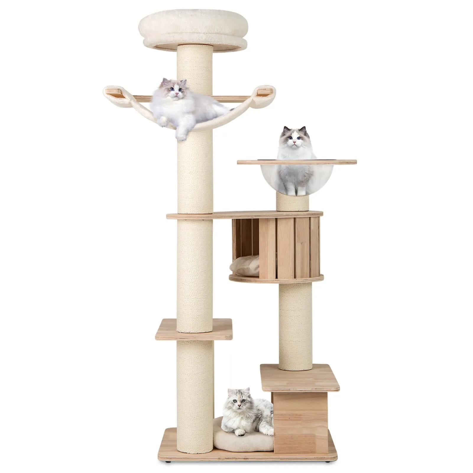 

69" Tall Cat Tree Wooden Kitten Tower w/ 2 Condos Cozy Top Perch Space Capsule