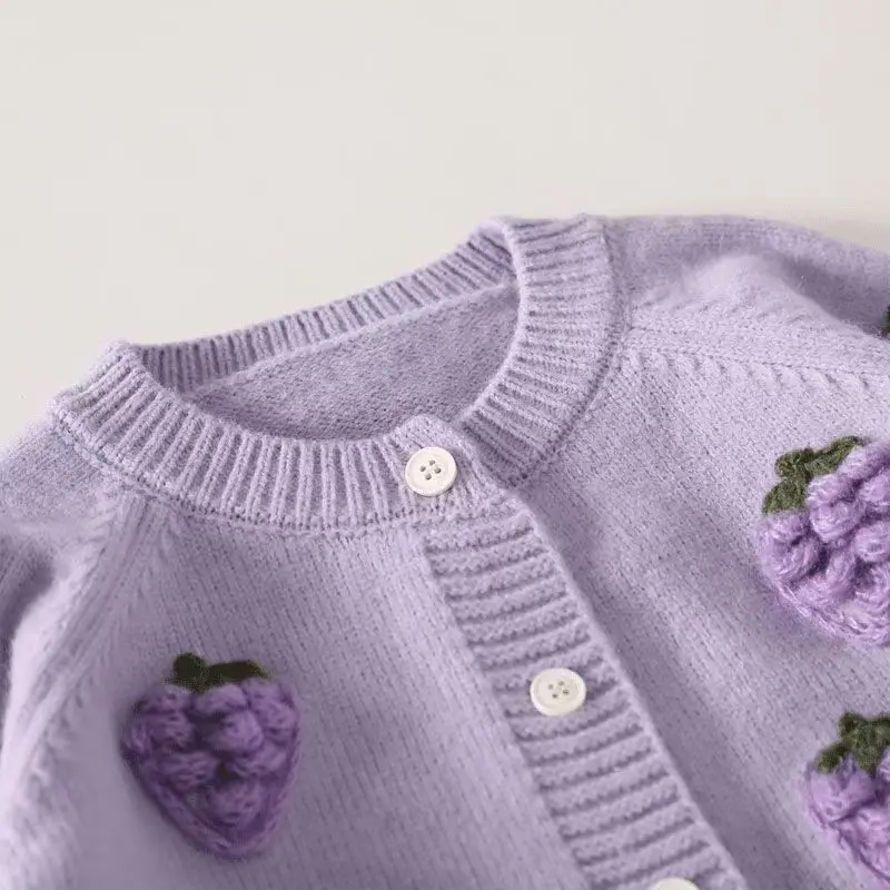 New Girls' Autumn and Winter Round Neck Sweater Children's Three-Dimensional Grape Purple Knitted Cardigan Sweater 1-7Years