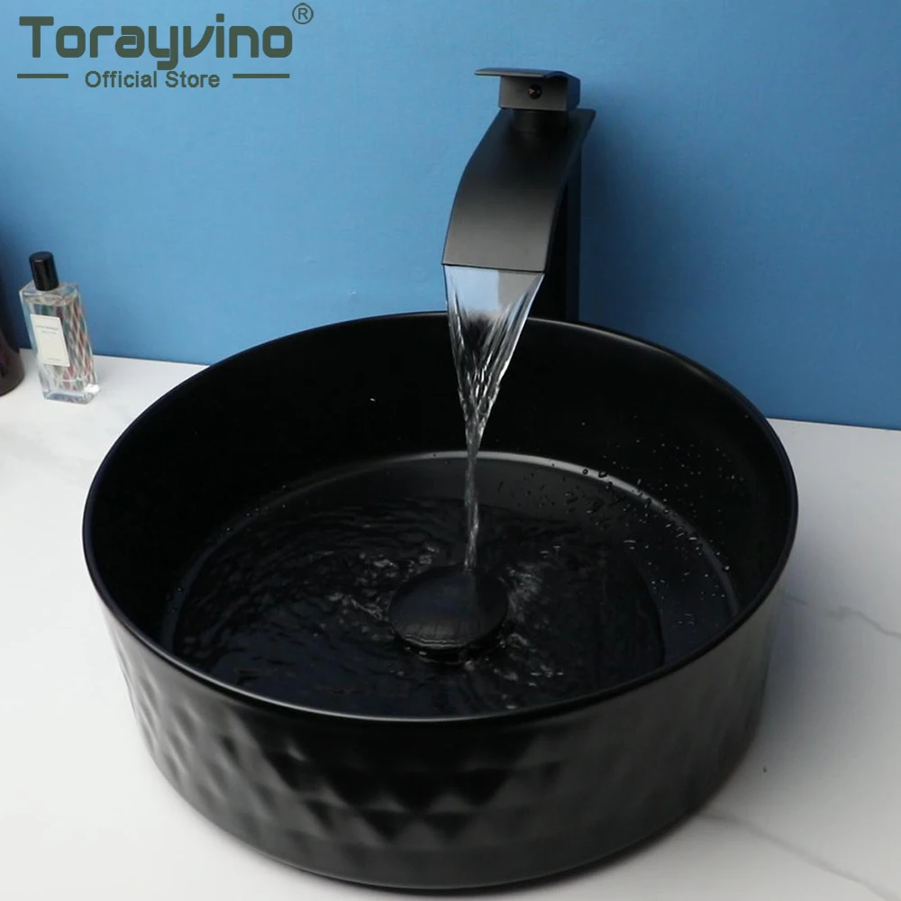 

Torayvino Artistic Bathroom Vessel Vanity Round Ceramic Basin Sink with Black Mixer Waterfall Faucet and Pop-up Drain Combo Kit