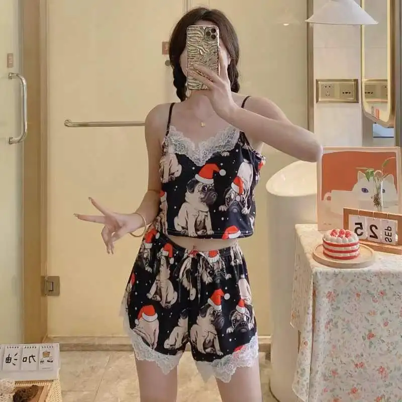 Cross-border popular suspender shorts pajamas women's summer printed loungewear student sexy two-piece set