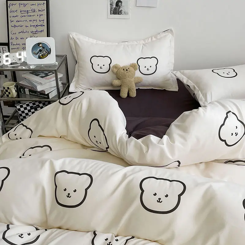 Kawaii Bear Duvet Cover Set with Flat Sheet Pillowcase No Filler 3 4pcs Queen Single Size Boy Girl Bedroom Home Decor Bed Linens