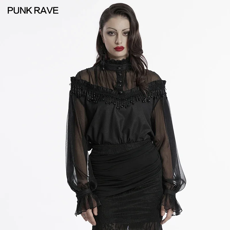 

PUNK RAVE Women's Gothic Perspective Chiffon Pullover Sexy Off-shoulder Shirt Tassel Crystal Luxury Sense Dark Loose Tops