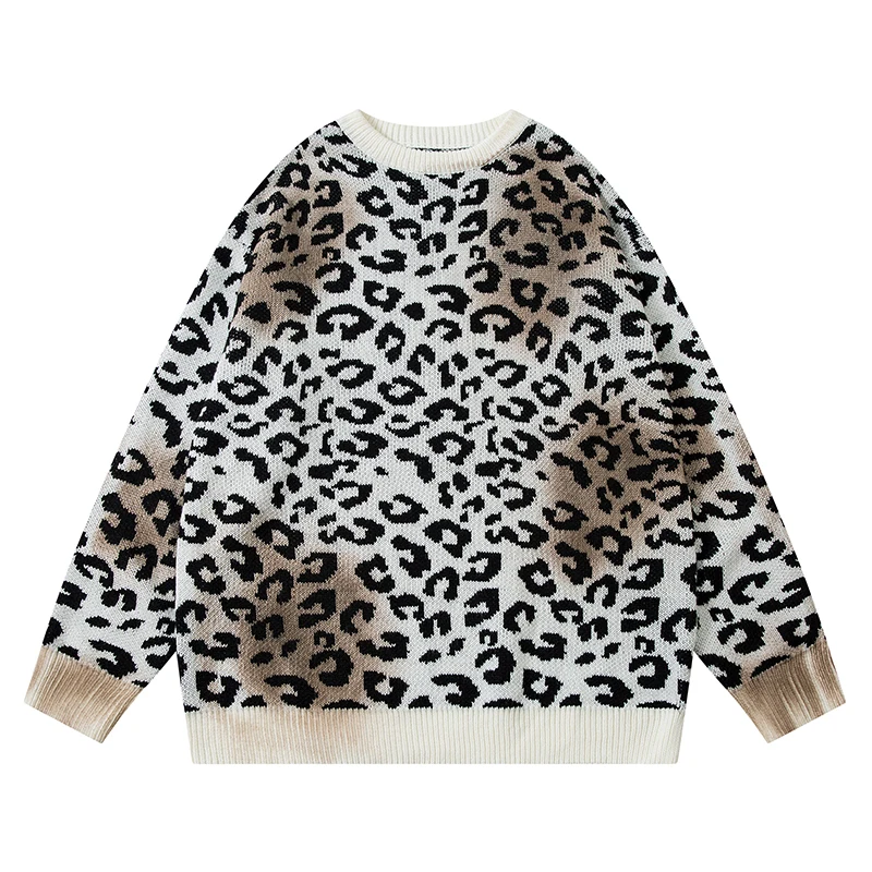 

Autumn Mens Knitted Jumper Sweaters Leopard Jacquard Pullovers 2025 Streetwear Harajuku Casual Loose Fit Knitwear Clothing