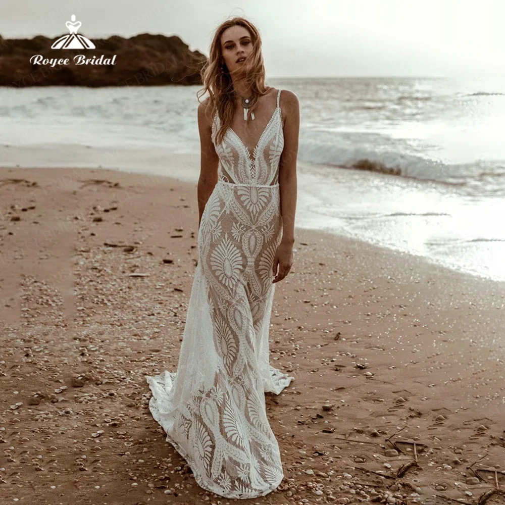 

Bohemain Mermaid Wedding Dress Plunging V Neck Lace Sleeveless Classic Bridal Gowns Customize Bride Gowns свадебное платье