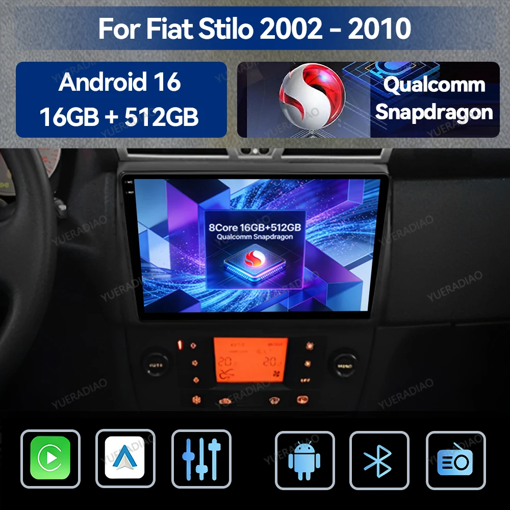 Android 16 Car Radio For Fiat Stilo 2002 2003 2004 - 2010 Carplay Auto Multimedia Stereo Video Player GPS NAVI QLED WIFI 4G 2DIN
