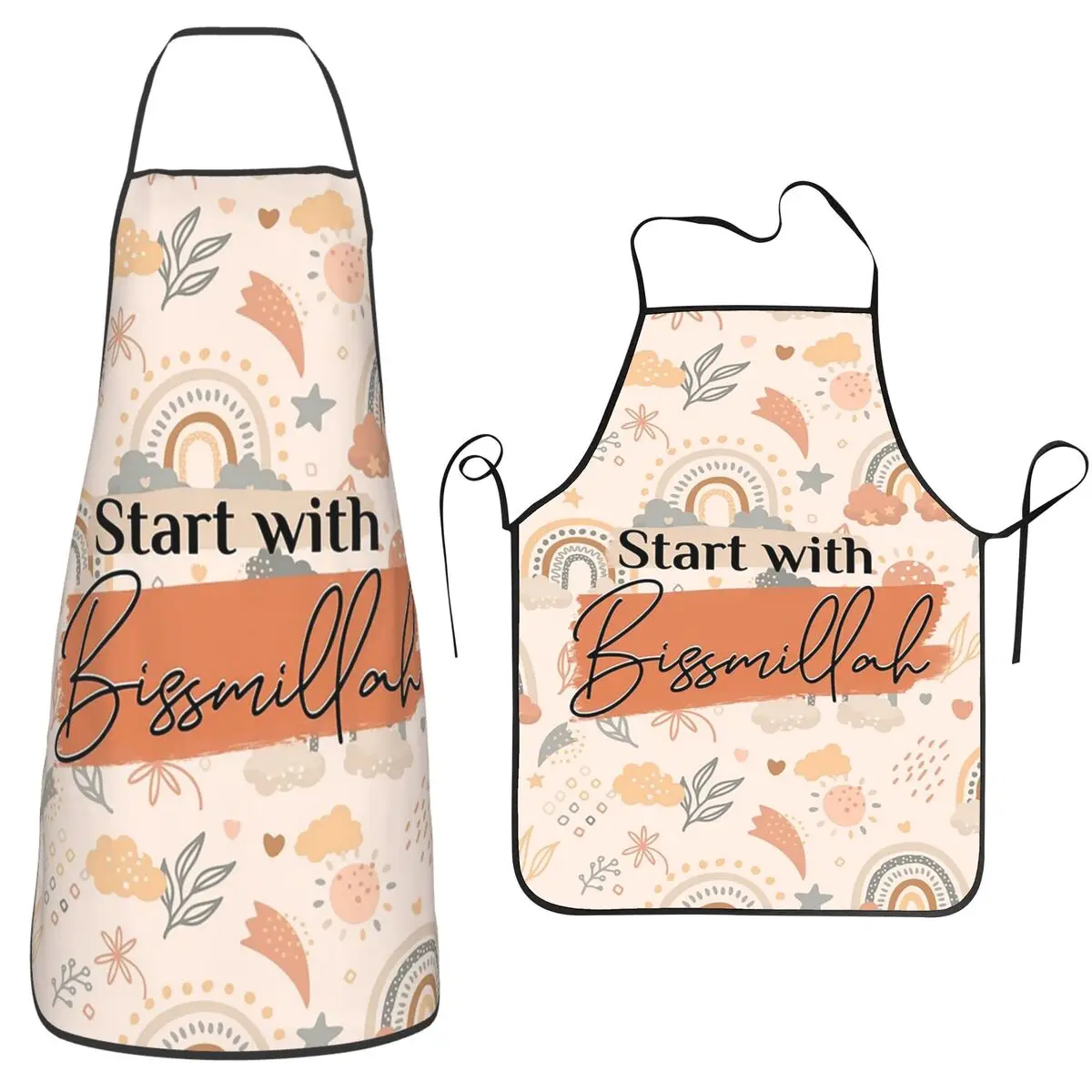 Start With Bismillah Eid Ramadan Islamic Kareem Aprons Chef Cuisine Tablier Bib Kitchen Cleaning Pinafore for Women Men Painting