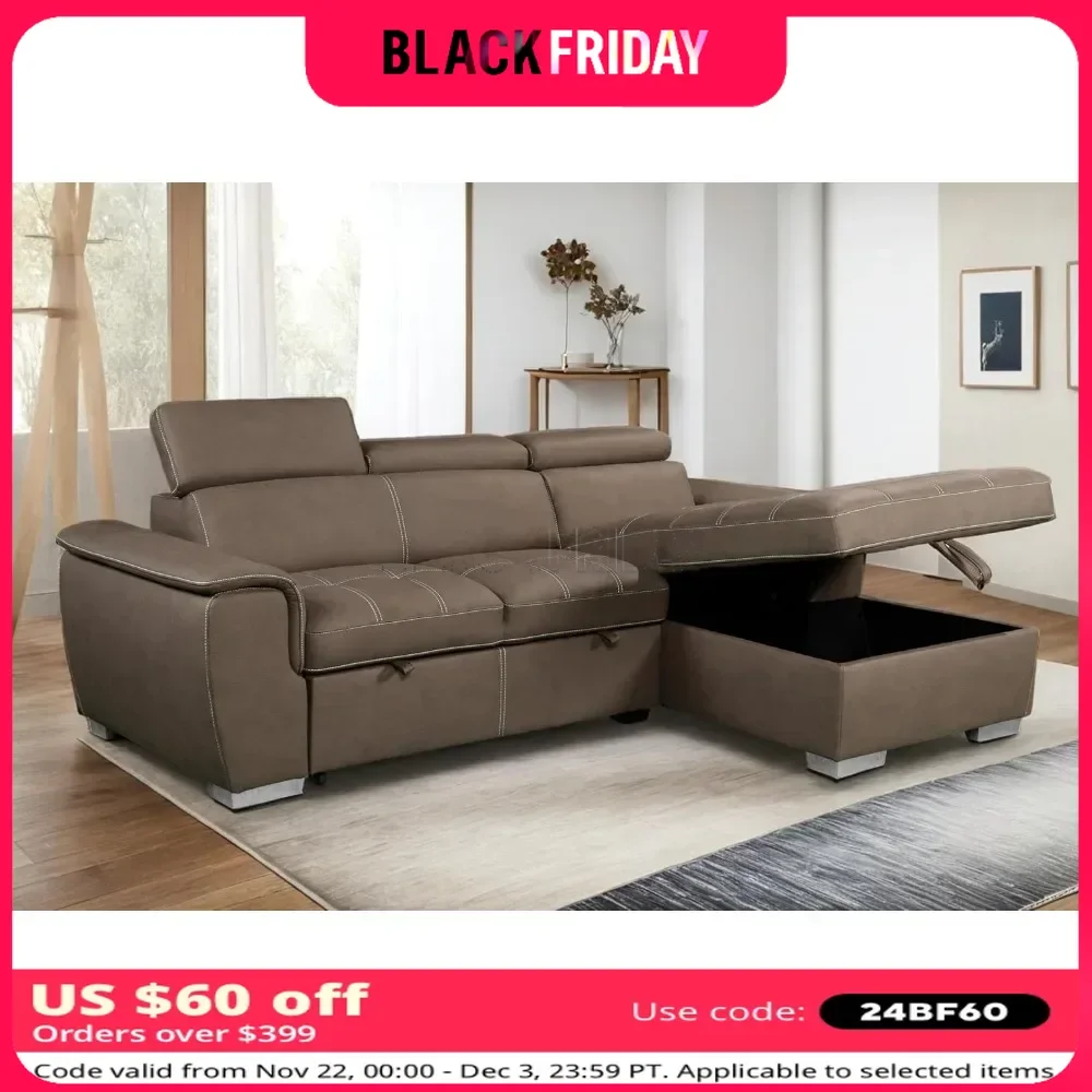 L-Shaped Sectional Sleeper Couch with Pull-Out Bed 4-Seater Sofa with Adjustable Headrests and Storage Chaise Sectional Sofa