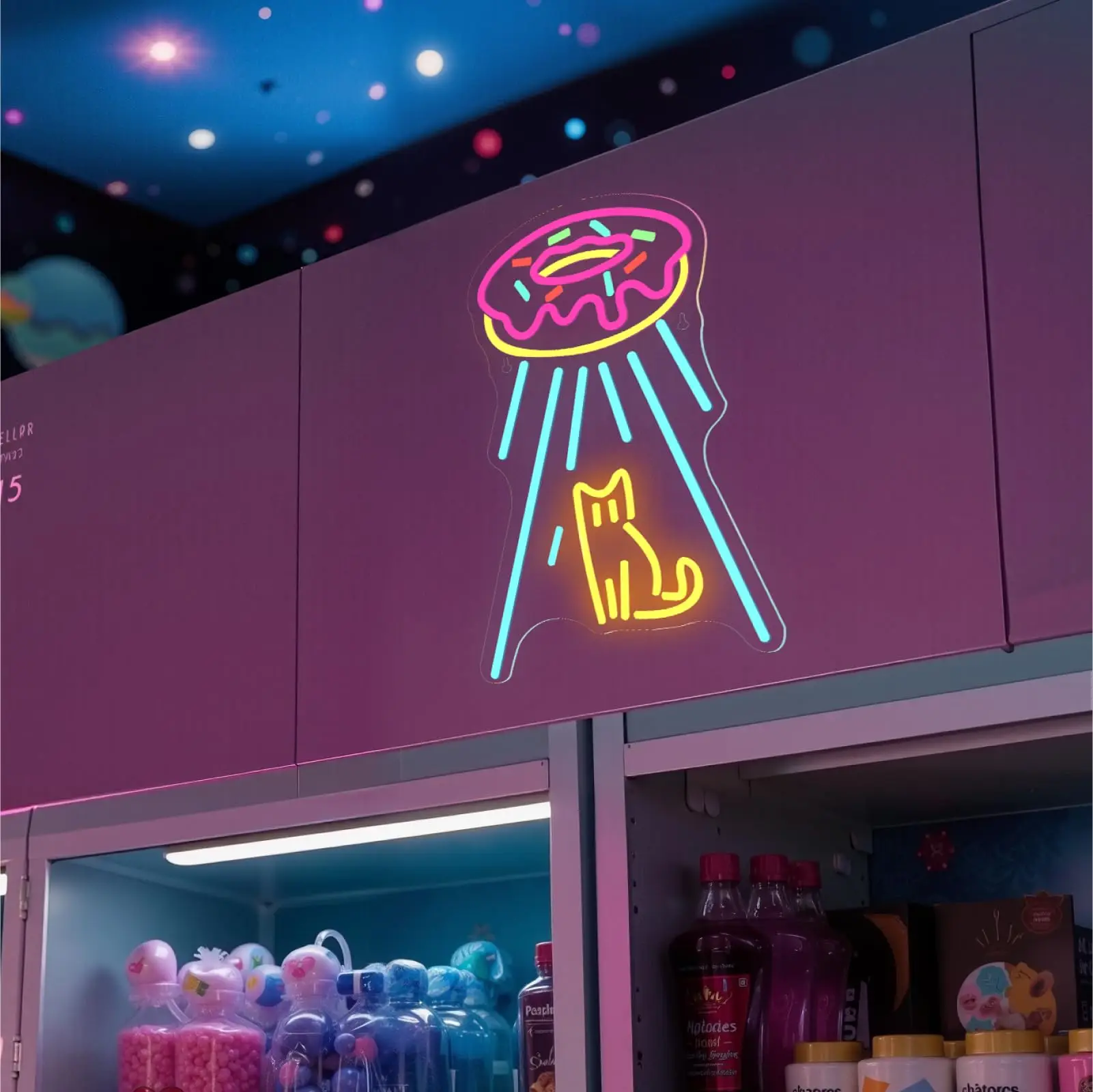 독점 네온 고양이 우주선 LED 사인 - 조광 가능한 패널 디자인 |   도넛 & UFO 요소 |   디저트 가게용 USB 전원 벽 장식