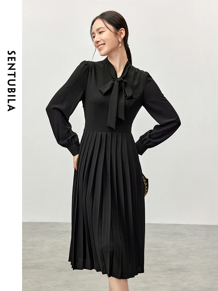

SENTUBILA Pleated Black Dresses for Women 2025 Autumn Lace-up V Neck Retract Waist Elegant Casual Women Evening Dress 144L56683