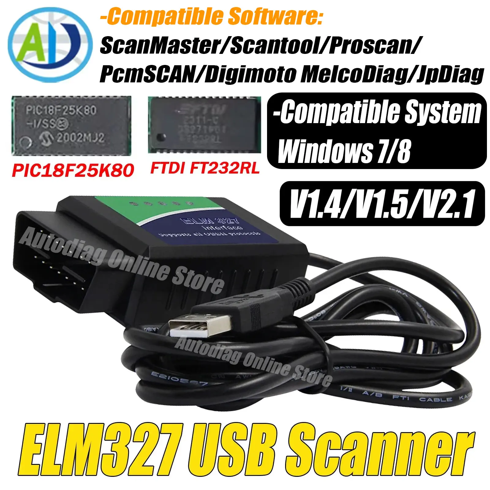 

ELM327 USB Scanner Original PIC18F25K80 FTDI FT232RL Chip for Chrysler/Ford/GM OBD2 Interface Scanner For ScanTool/MultiEcuScan