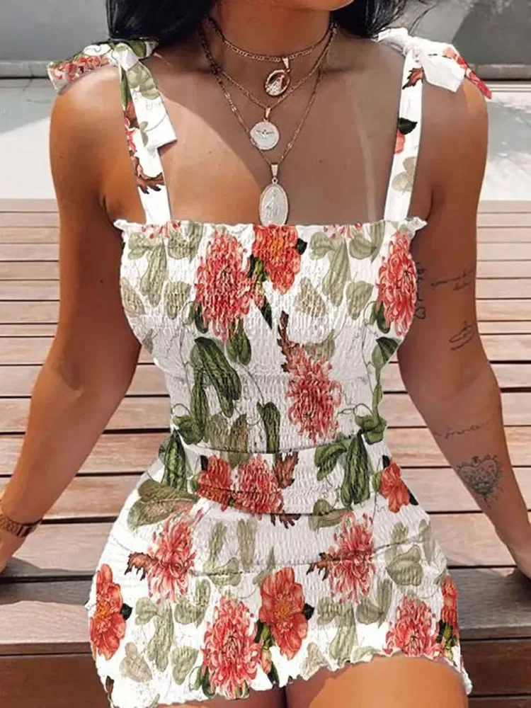 Verano Sexy ceñido al cuerpo paquete caderas vestido envolvente mujeres Casual sin mangas con cordones moda Floral Mini vestido mujer vestido veraniego ajustado