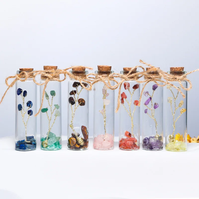 Natural Crystal Stone Transparency Glass Bottles Seven Color Gem Crystal Tree Handicraft Ornament Drift Bottle Home Decor Crafts