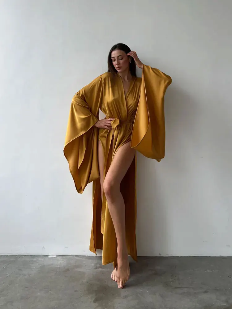 

Bohemian Silky Kimono with Two Side Slits Robe Satin Coverup Gold Bridal Robe Elegant Lounge Wear Sleeves Long Female Wrap Dress