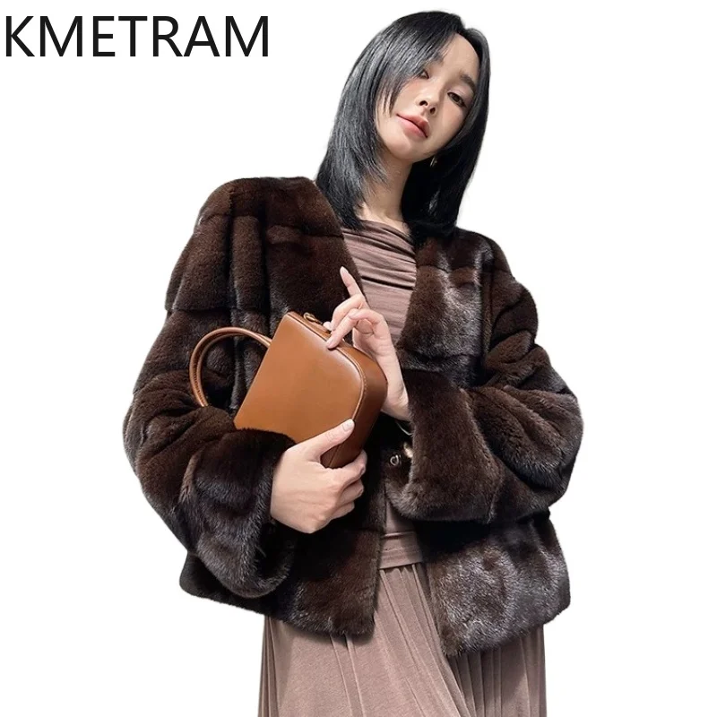 

KMETRAM Natural Velvet Mink Fur Coat Woman Luxury Real Fur Coats V-Neck Short Fur Jacket Winter Women Clothes 2026 casaco pelo