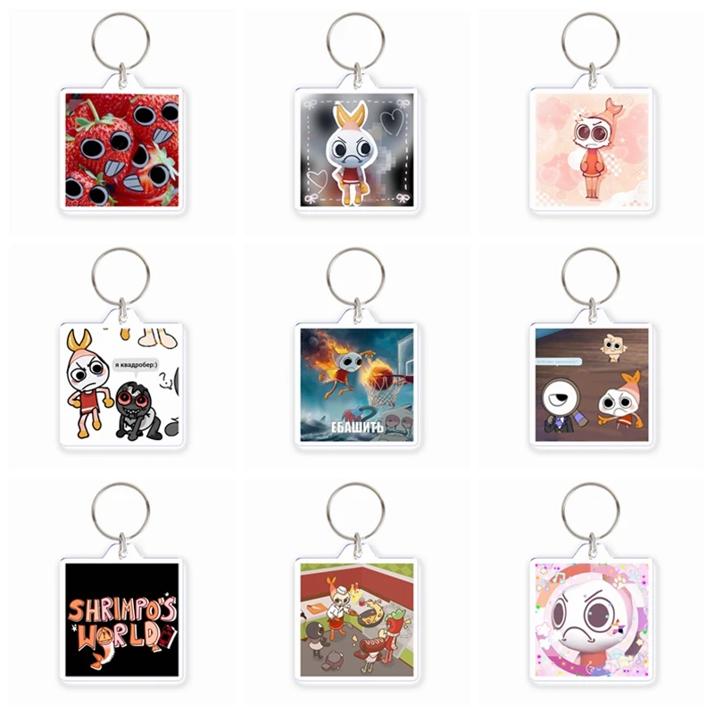 Horror Game Dandys World Shrimpo Keychain Creative I Love Shrimpo Funny Meme Acrylic Album Key Chain Bag Decor Gamer Child Gifts