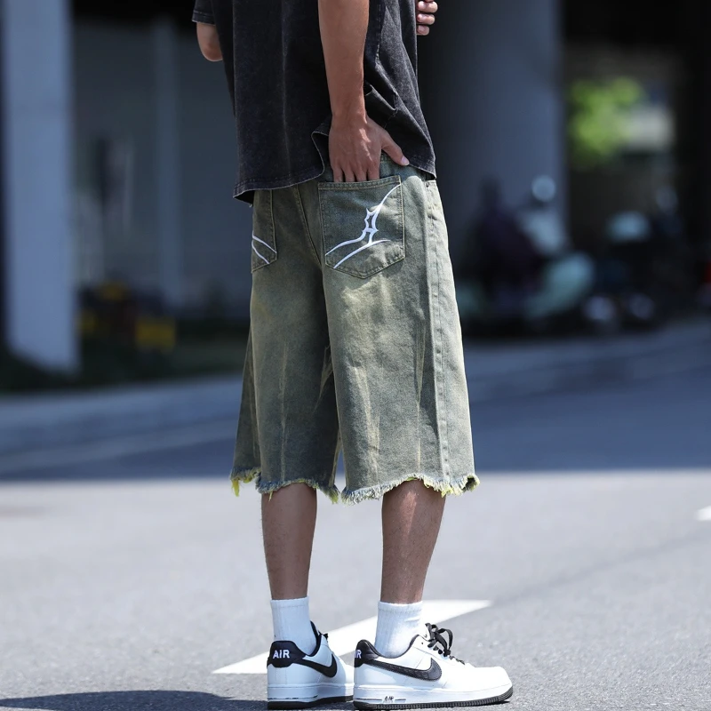 2026 Trendy Men's Denim Shorts with Embroidery Design Loose Fit 5-Point Casual Summer Shorts