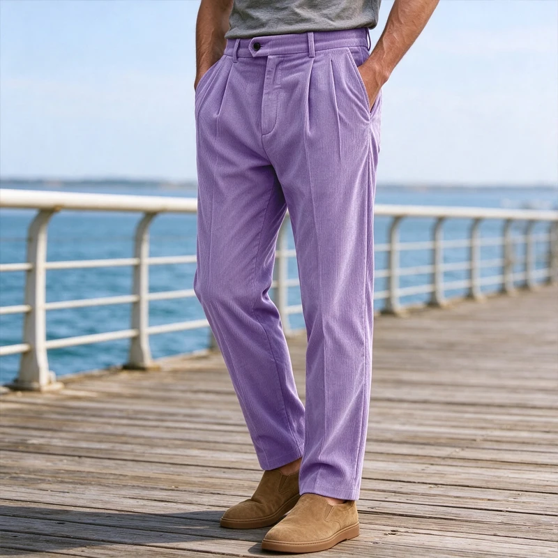 Vintage Men Corduroy Pants High Waist Straight Leg Pleated Slim Fit Trousers Business Casual Daily Office Wear for Autumn Winter
