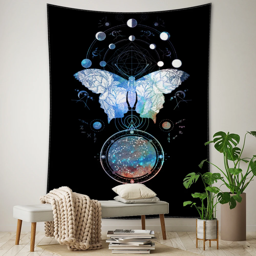 Blue and white butterfly dream catcher, geometric printed tapestry, retro style decorative wall hanging art wall hanging decorat