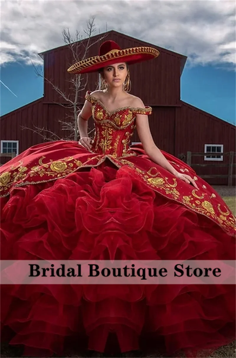 Recién llegado, vestido De baile rojo Mexi, Vestidos De quinceañera con lazo, dulce 16 vestido dorado bordado con volantes, Vestidos De Xv Años personalizados